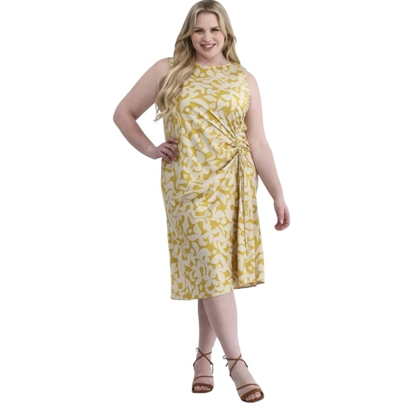 Terra & Sky Women's Plus Size Ruched Sleeveless Midi Dress Amber Floral 4X - Picture 1 of 8